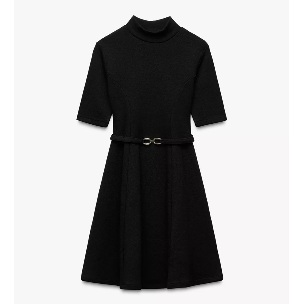 Zara NWT buckled knit short sleeve black mini dress skater flared hem skirt - Picture 4 of 13